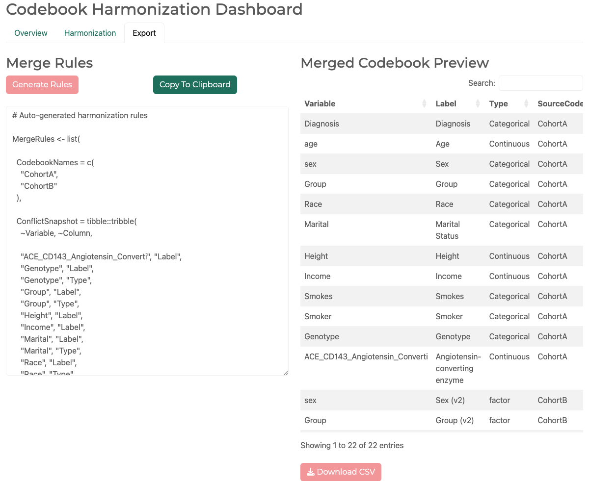 Export tab showing generated merge rules and merged codebook preview