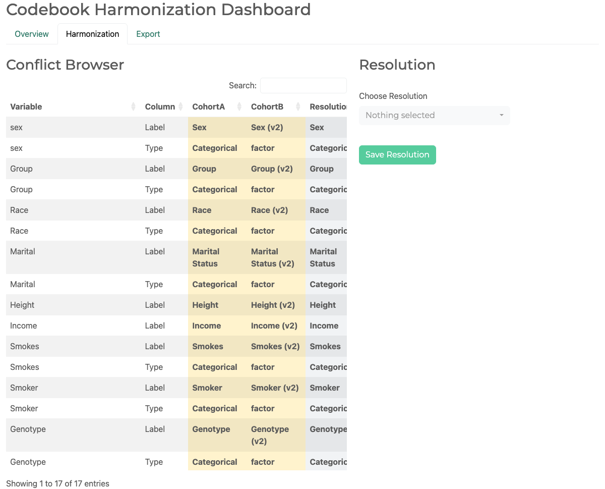 Harmonization tab showing the conflict browser and resolution controls